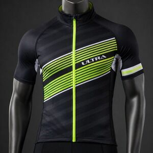 Performance Ultra Mens Cycling Jersey Black Neon Lime Green Full Zip Medium